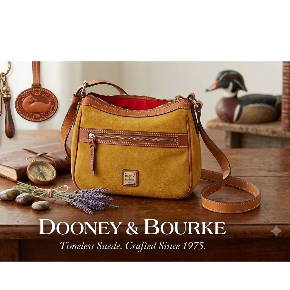 Dooney & Bourke Mustard 💛Suede Leather Crossbody boho Bag Gold Logo Plate